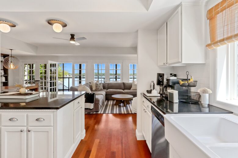 Large open kitchen with stainless steel appliances