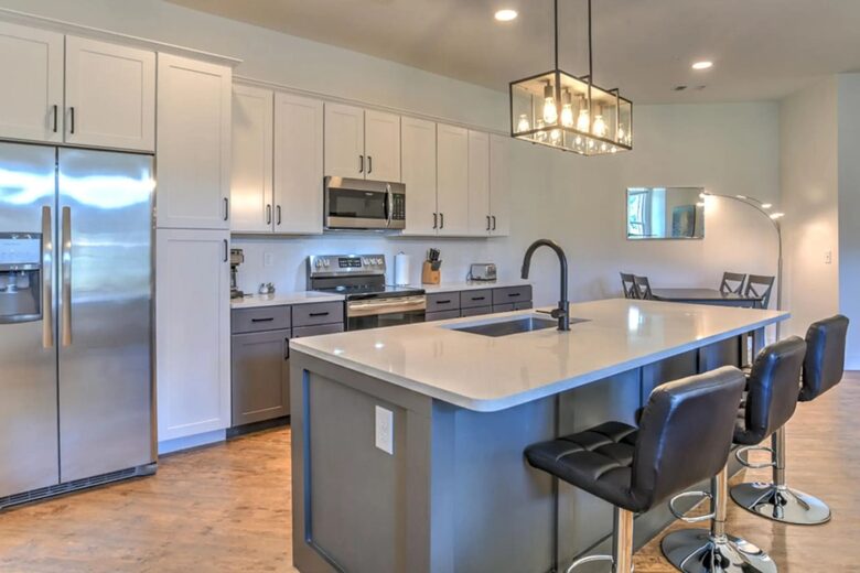 Island with bar stools