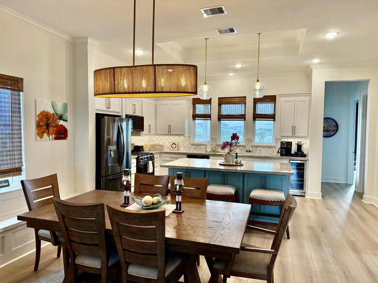 Admire the back patio and sunset lagoon from kitchen windows