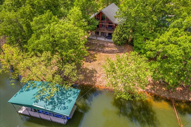 Overhead view of house and dock in the cove