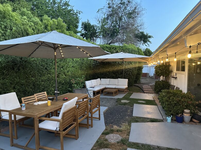 Backyard and Garden in back. Cafe lights.